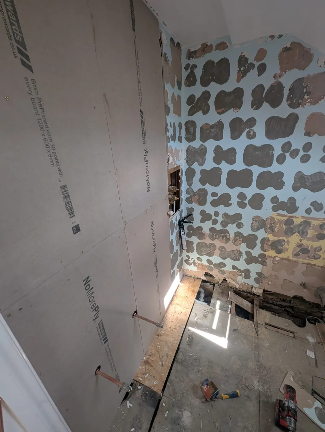 NoMorePly cement boards fixed to the walls of the Rosaline Road en-suite