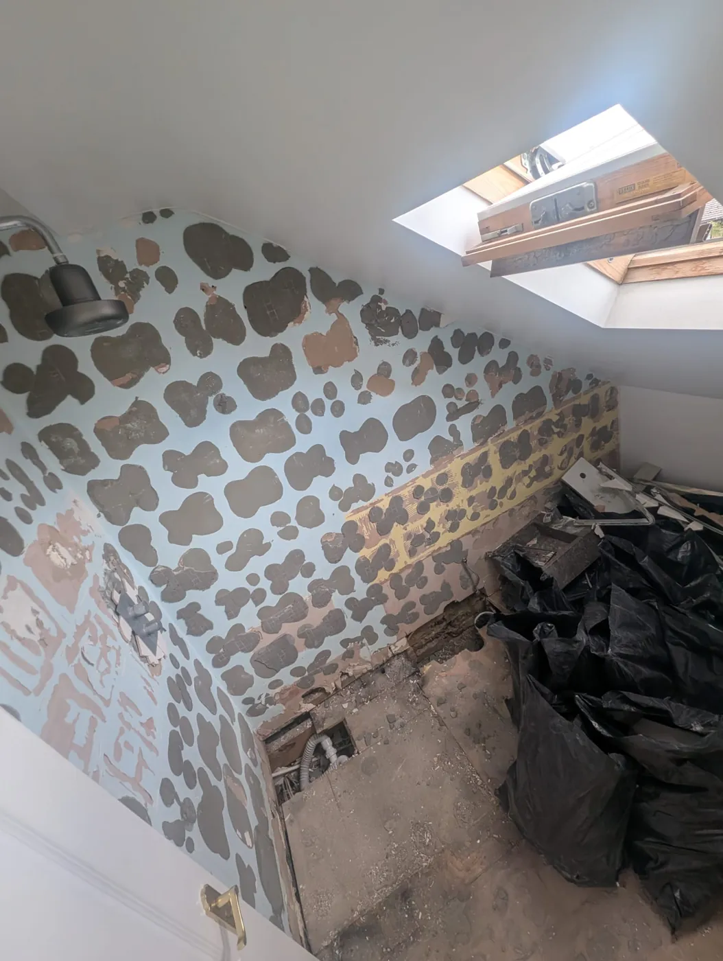 Rosaline Road en-suite stripped back to the walls with the old shower still in place